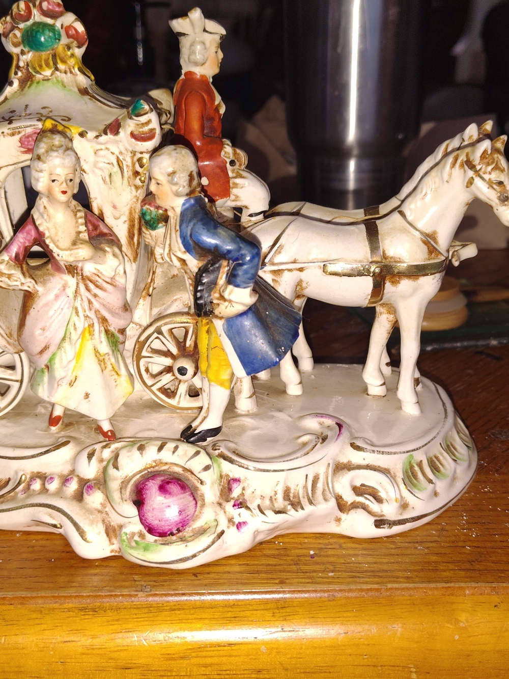 Hand-Painted Porcelain Rococo Horse & Carriage Figurine in White, Pink, Blue